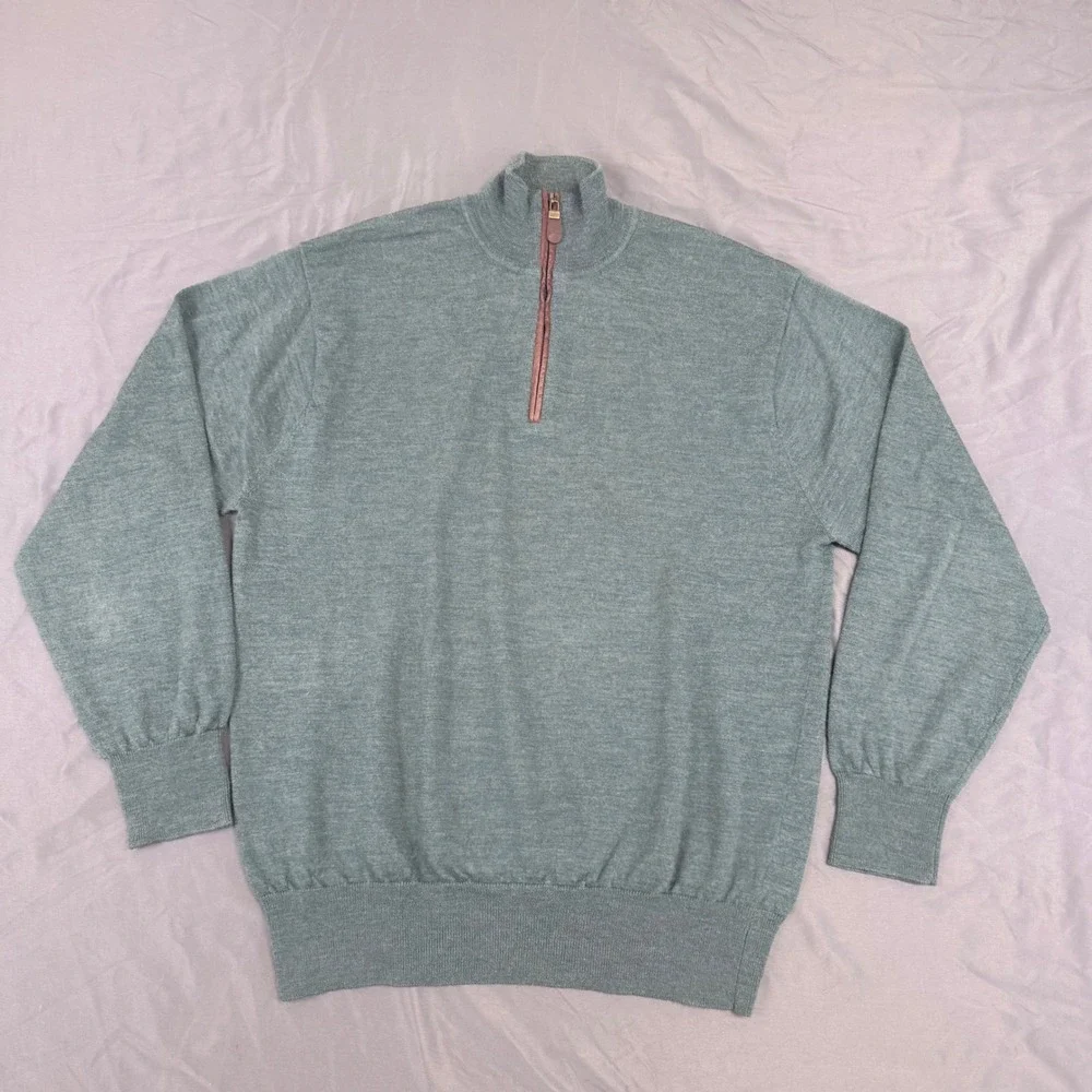 Orvis Mens 100% Wool Quarter Zip Sweater Heather Green Mock Neck Large 9G6T